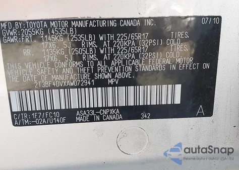 2010 Toyota Rav4 z USA, uszkodzony, nr VIN 2T3BF4DVXAW072941